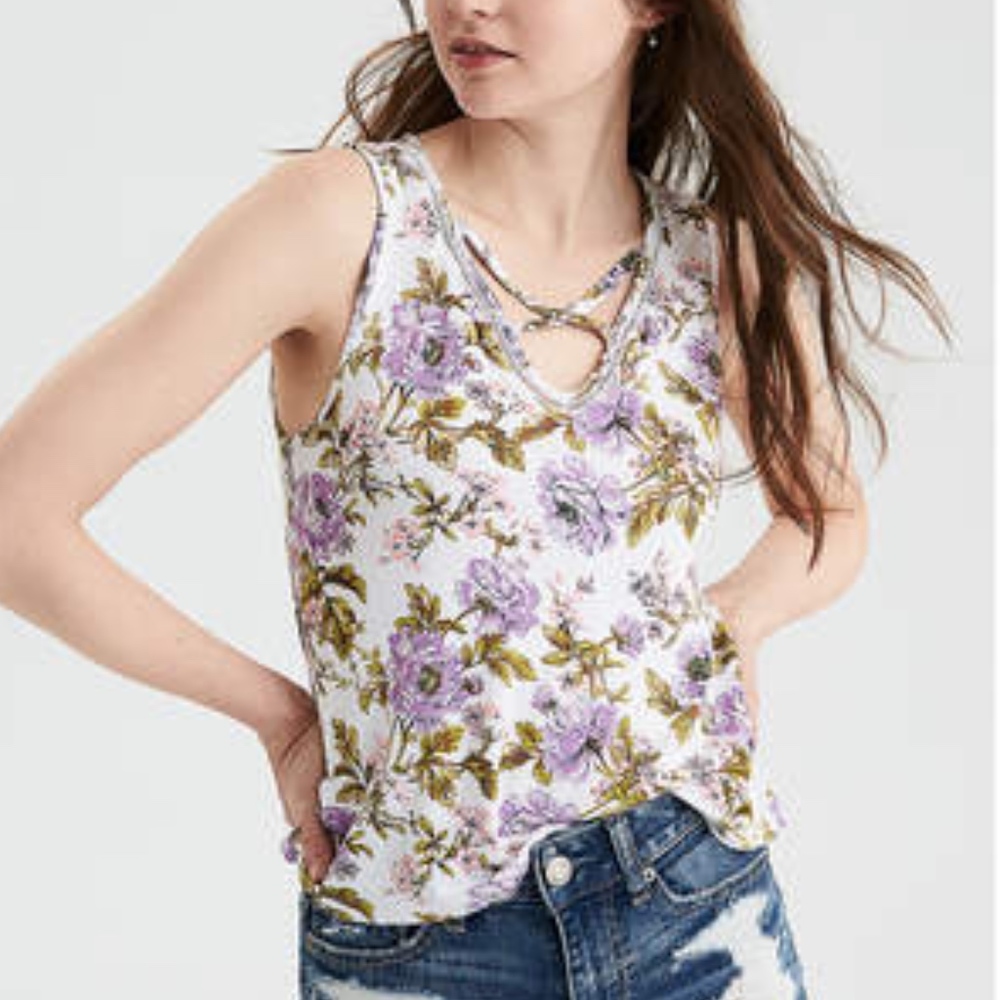NWOT AE Criss Cross/Crossed Front Floral Tank Top